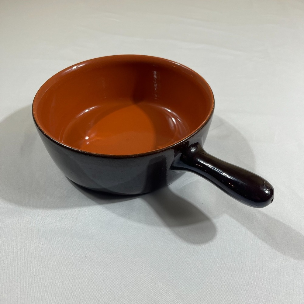 Vintage Ceramic Onion Soup Bowl Brown Orange Stoneware Ramekin With Handle 6 in